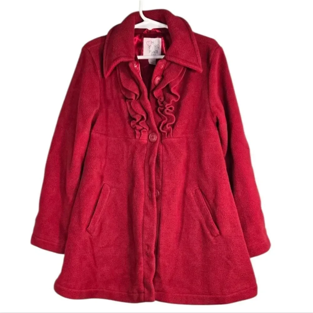 Girls Red Peacoat Children's Place Ruffle Winter Coat Buttons Satin Lined Fleece